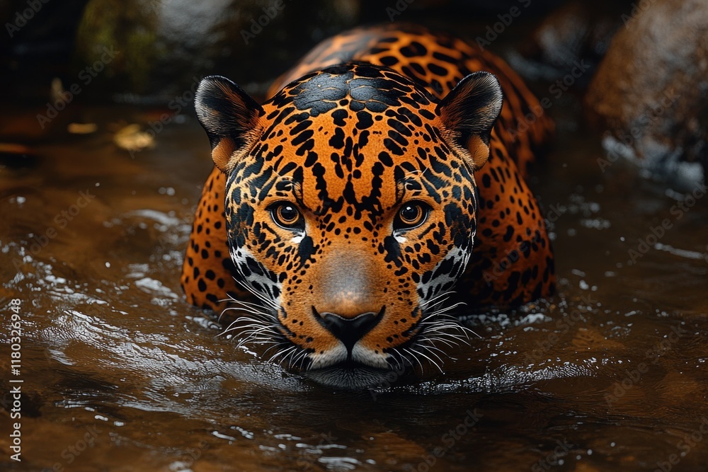 Poster a close-up view of a leopard's face and neck submerged in water