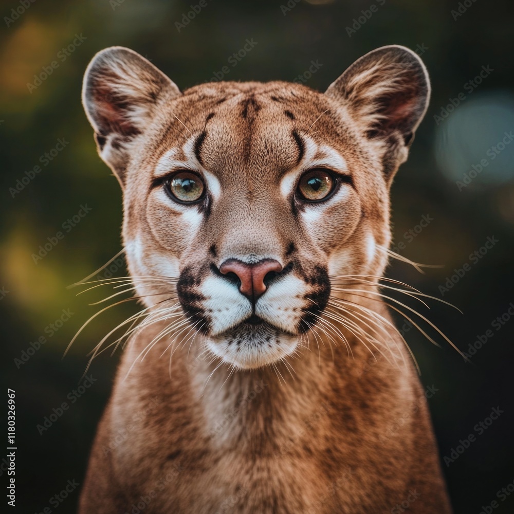 Poster close-up view of a puma gazing directly into the lens