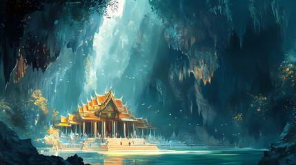 Phraya nakhon cave a breathtaking natural wonder in thailand featuring the stunning royal pavilion amidst the captivating limestone formations and dramatic sunlight beams. Flamestone. Illustration
