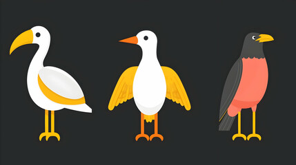 Fototapeta premium Flat birds illustration; three stylized birds; dark background; graphic design.
