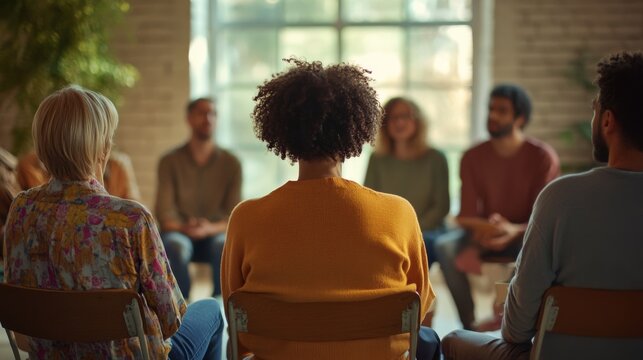 A diverse group of people engaged in conversation in a sunlit room, fostering connection and understanding.