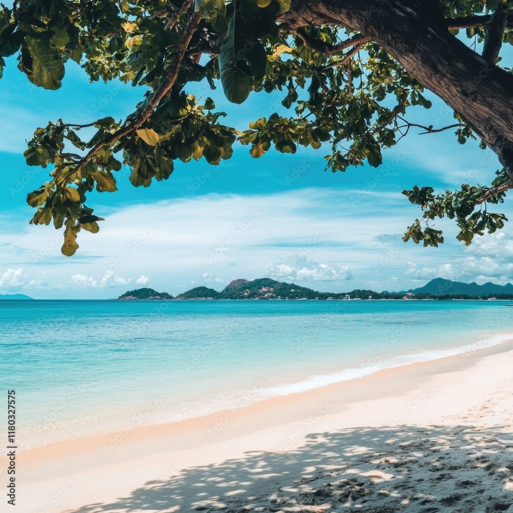 Poster coastal scene featuring a tree on the beach, with the ocean in the background
