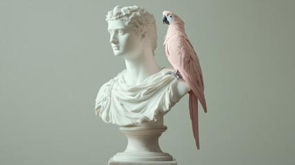 White Roman bust with pink toy parrot.White Roman bust with pink toy parrot.