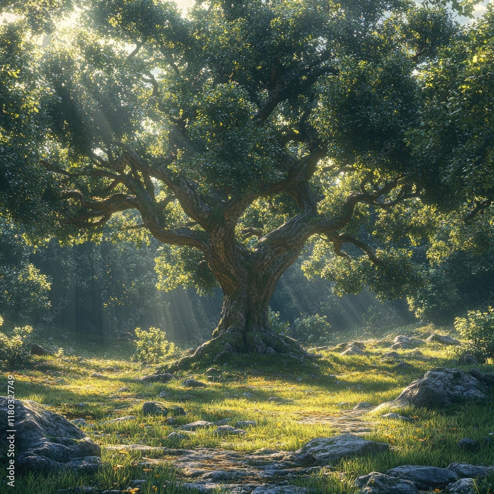 Poster a single large tree standing tall in a lush green field