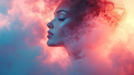 Woman surrounded by ethereal pink and blue smoke