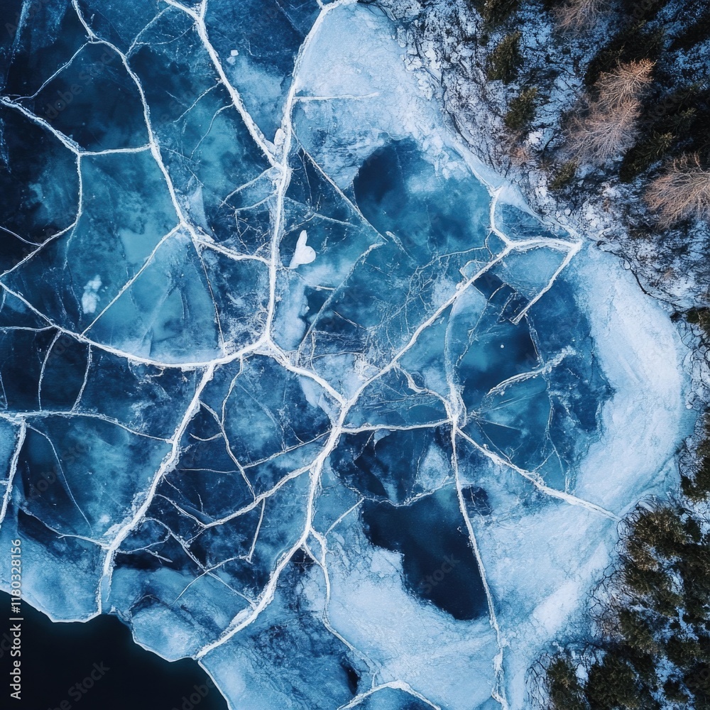 Poster aerial view of a frozen lake with snow-covered trees and surrounding landscape