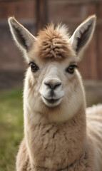 Naklejka premium A llama with cream colored fur against a blurred landscape.