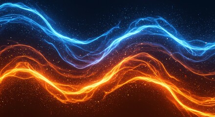Obraz premium Abstract Energy Flow: A mesmerizing abstract background featuring vibrant, dynamic waves of light in contrasting blue and orange hues, evoking a sense of energy, movement, and duality. 