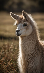 Obraz premium A llama on a farm surrounded by soft rustic colors.
