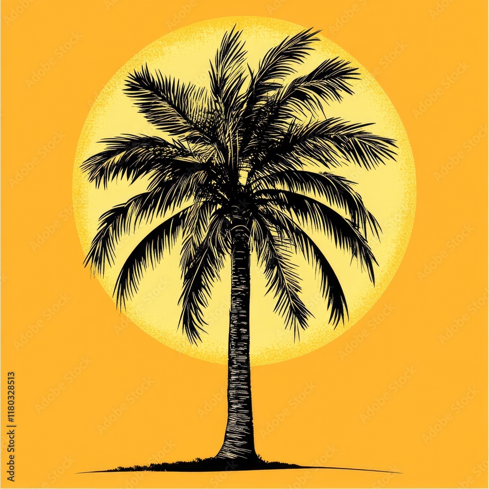 Poster a simple palm tree shape against a bright and sunny yellow background