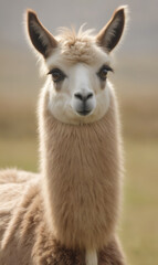 A llama against the background of a meadow in natural light.