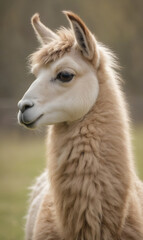 Obraz premium A llama against the background of a meadow in natural light.