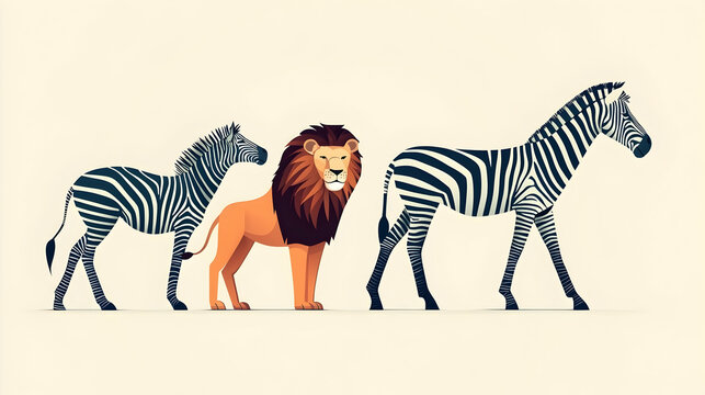 Flat style lion and zebras in safari environment.