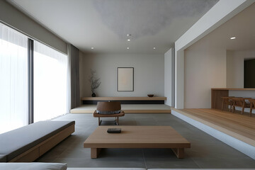 Clean, modern room with minimalistic furniture, focused on a streamlined aesthetic and functionality.