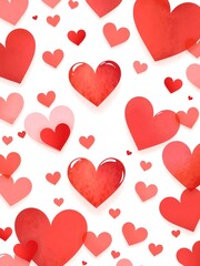 An abstract vector illustration featuring overlapping heart shapes in various shades of red, pink, and coral, with soft gradients and shadows on a white background. Ideal for Valentine's Day cards