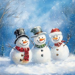 Snowy scene with three snowmen standing together