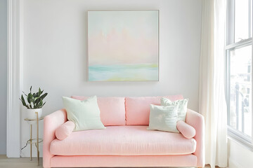 Light and airy living room with a pink velvet settee and pastel artwork, minimalist design.