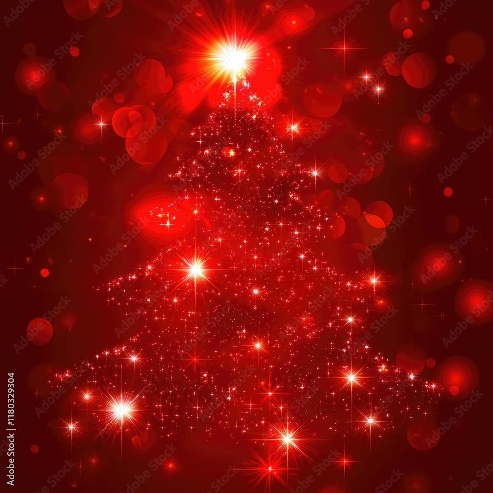 Poster a christmas tree constructed from twinkling stars on a bright red background