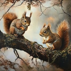 Squirrels perched on a tree branch, illustration style