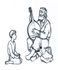 Pencil drawing. Man playing bandura