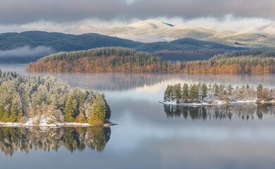 A drone-captured aerial panoramic view of Lake Sils and Plaun da Lej during winter in the Maloja Region, Canton of Graubunden, Engadine.
