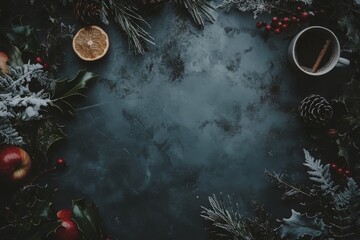 wreath garland on a dark blackboard background featuring natural Christmas elements like branches, pomegranates, cinnamon, and a coffee cup. Perfect for a Xmas winter holiday season social media