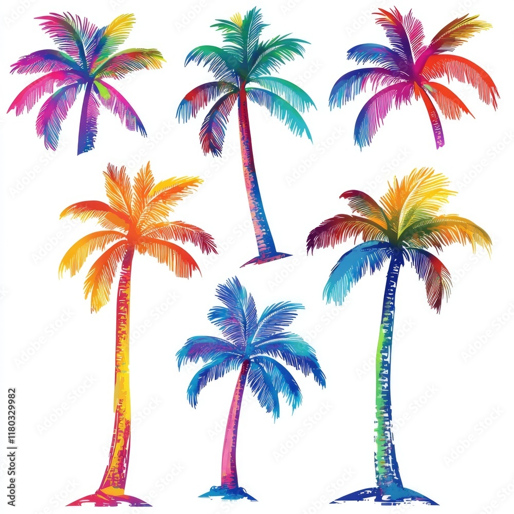 Poster a group of palm trees painted in different vibrant colors