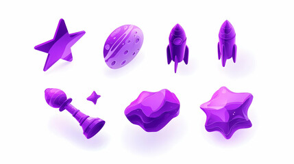 Purple space icons set, 3d isometric style, isolated on white background, for app design or website graphics.