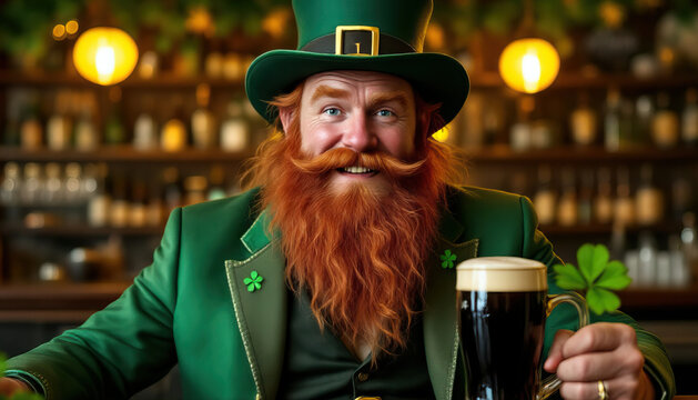 A cheerful bearded man in a green leprechaun costume holds a pint of stout in a festive pub setting celebrating st. patrick's day
