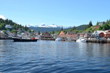 Fototapeta premium Winter scene of Sitka Harbour, featuring Gavan Hill and The Sisters mountains in the background; Sitka, Alaska, USA