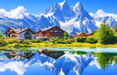 Fototapeta premium Chamonix and Mont Blanc, Chamonix, France.Chamonix and the Mont Blanc peaks, located in Chamonix, France.In Chamonix, France, you can find Aiguilles de Chamonix and Mont Blanc.Chamonix in France