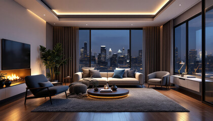 Cozy modern living room night with a large window offering a view of a city skyline at night.