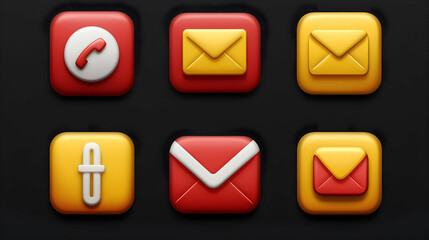 Colorful 3D contact icons on a dark background.