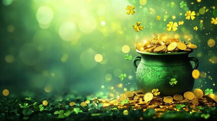 Overflowing pot of gold with green shamrocks in a mystical forest setting for st. patrick's day celebration concept