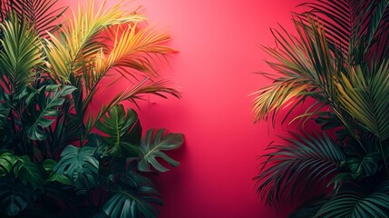 Tropical plants in a bold red and pink color palette