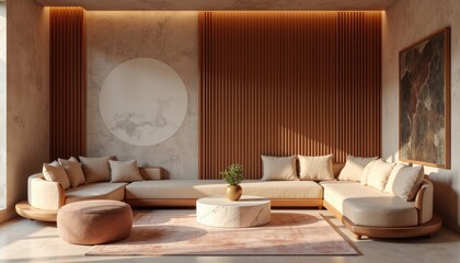 Modern art deco interior japandi living room with a large sectional sofa, a round coffee table, and a large circular wall art piece.