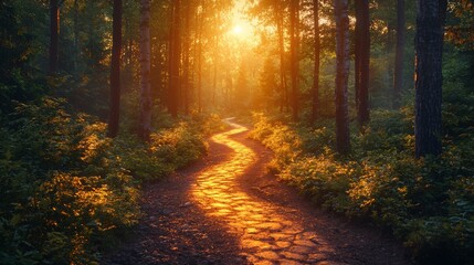 Fototapeta premium Golden forest path illuminated by sunlight at dusk