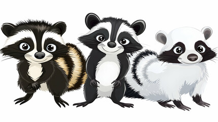 Naklejka premium Three cartoon raccoons on white background, posing, cute animal illustration.
