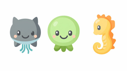 Cute cartoon jellyfish, octopus, seahorse; ocean background; children's book illustration.