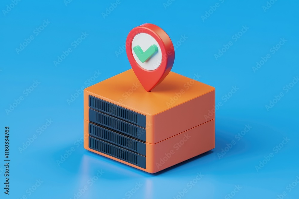 Aufkleber Server location confirmed.  A 3D rendering showing successful server deployment.