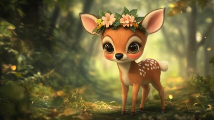 Naklejka premium deer with big innocent eyes and a floral crown, standing in a forest clearing generative ai