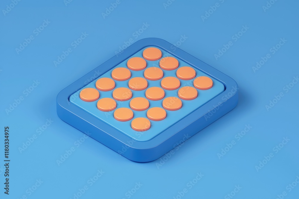 Poster A 3D rendering of a blue square toy with orange circles, resembling a simplified pop-it fidget toy.