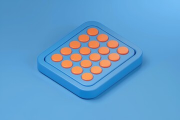 A blue square pop-it fidget toy with orange push buttons offers tactile sensory stimulation.