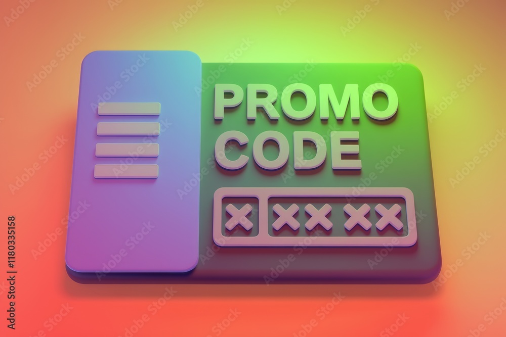 Poster A 3D render of a promo code interface with a hidden code and menu icon.