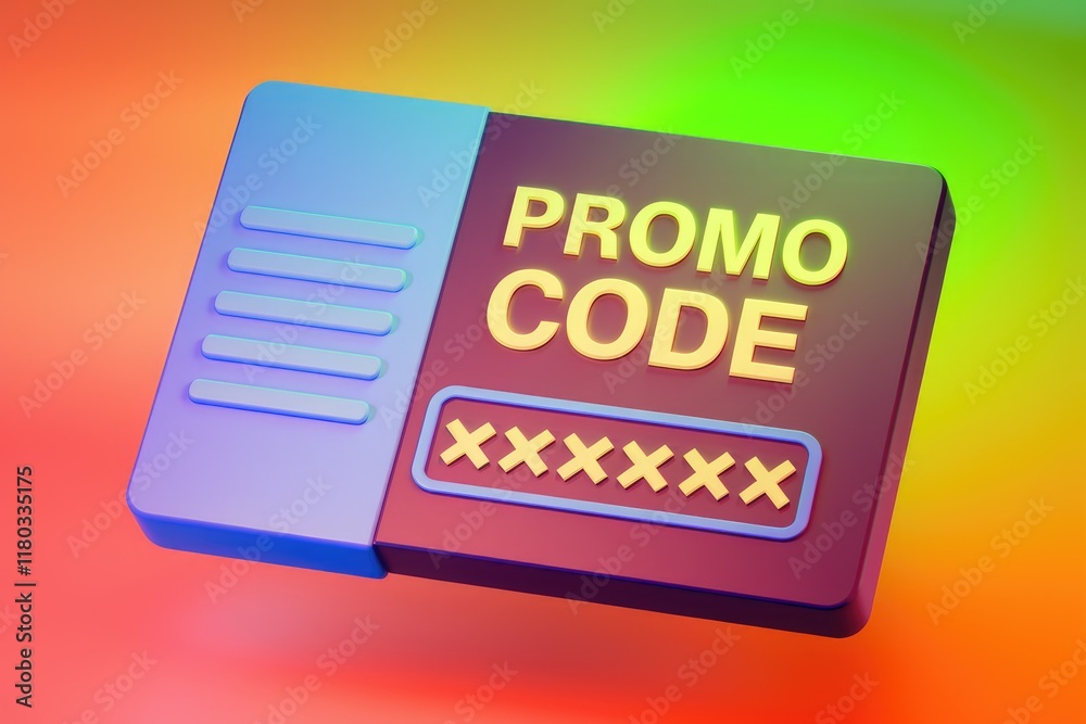 Poster a 3d render of a promo code card, showcasing a unique alphanumeric code for discounts or offers.