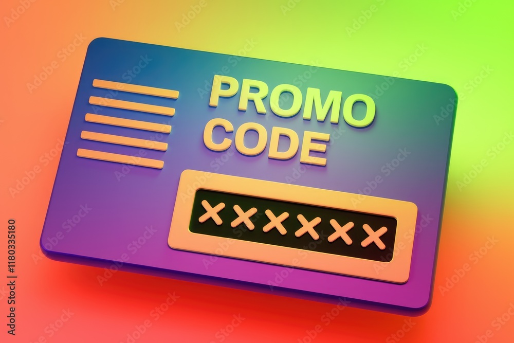 Poster a vibrant 3d promo code card displays a hidden alphanumeric code for discounts or offers.