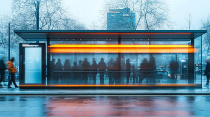 Obraz premium A crowded bus stop during rush hour with commuters waiting for a modern electric bus, with clean, minimalist urban architecture in the background