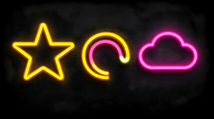 Obraz premium Neon icons star, rainbow, cloud on dark background.