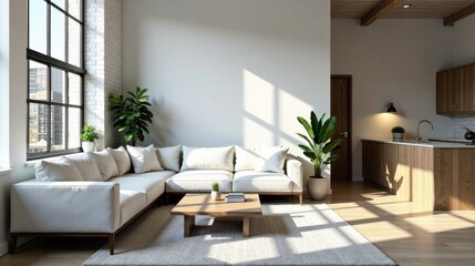 Fototapeta premium Modern Minimalist Living Room Interior Design with Natural Light and Wooden Accents