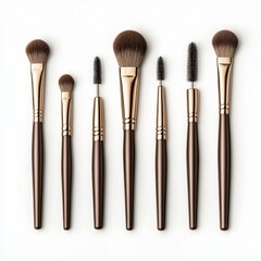 Set of stylish makeup brushes with golden accents, arranged neatly on a light background, ideal for beauty and cosmetics representation.